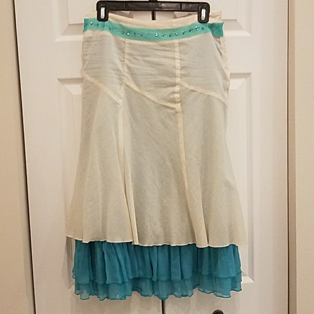 Elegant Cream and Teal Midi Skirt